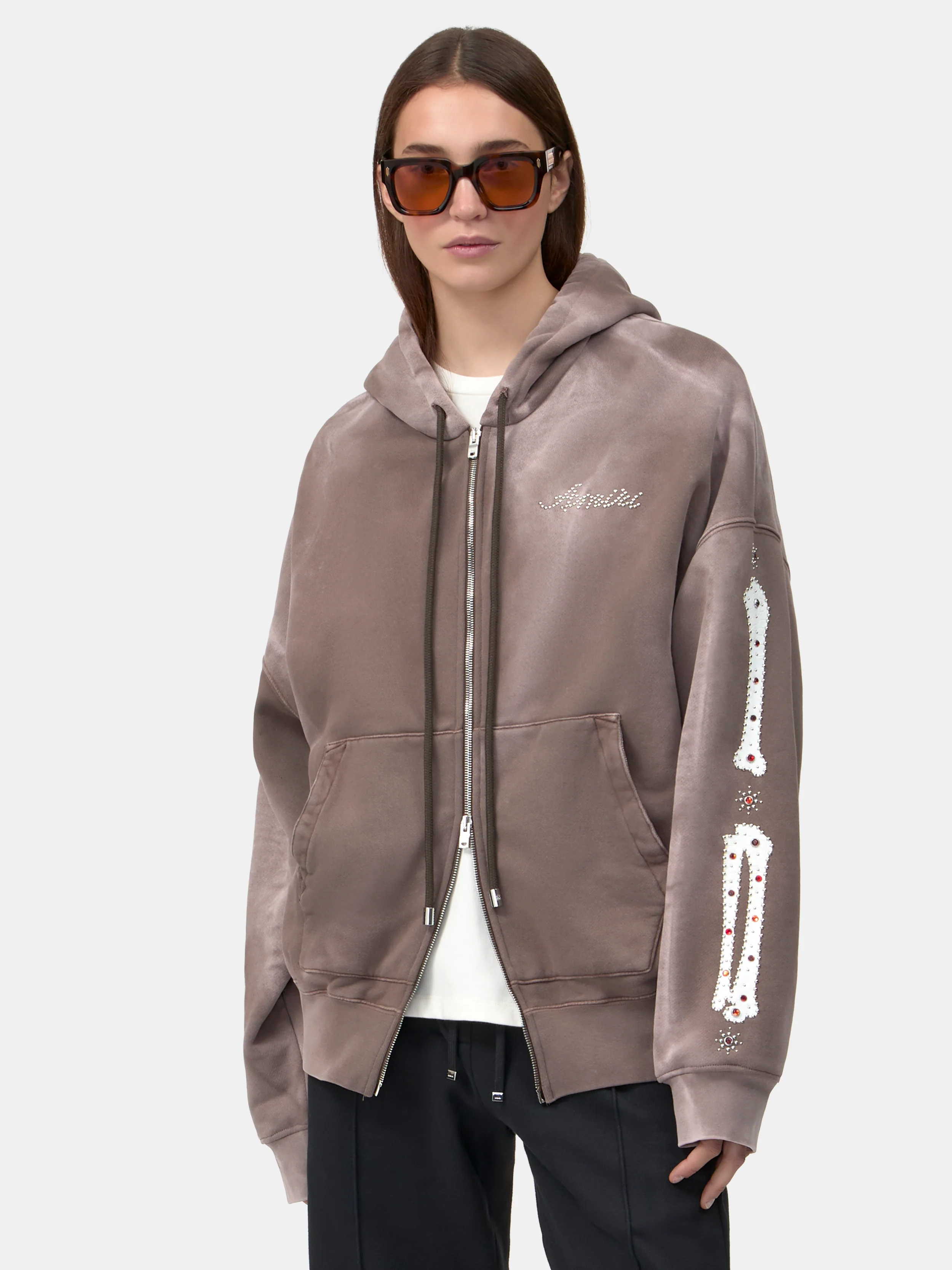 WOMEN - WOMEN'S BONES STUDDED ZIP HOODIE - Dark Brown - Image 3