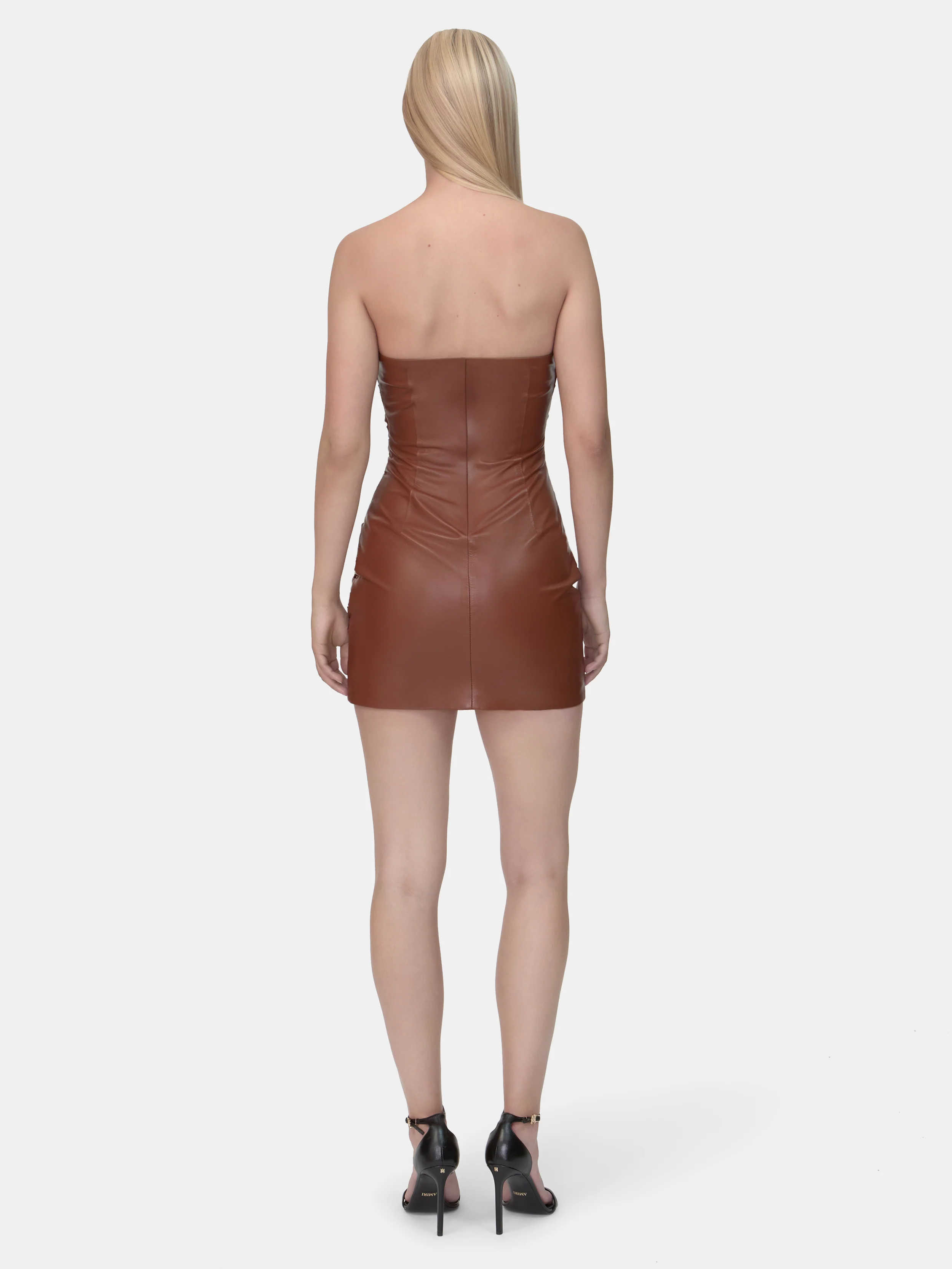 WOMEN - WOMEN'S ROUCHED LEATHER MINI DRESS - Bourbon - Image 4